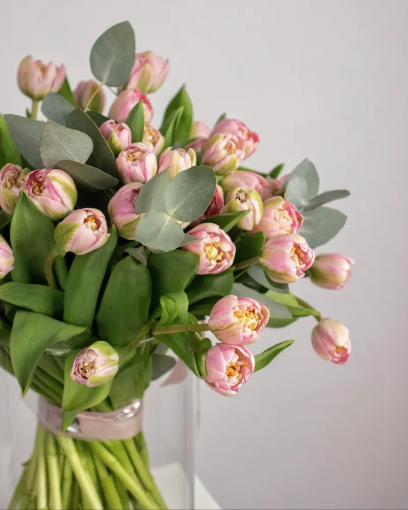 Elegant pink tulip bouquet with eucalyptus