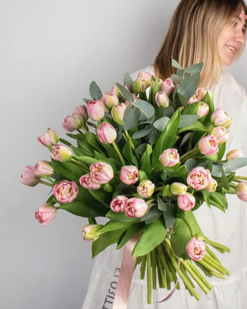 Elegant pink tulip bouquet with eucalyptus