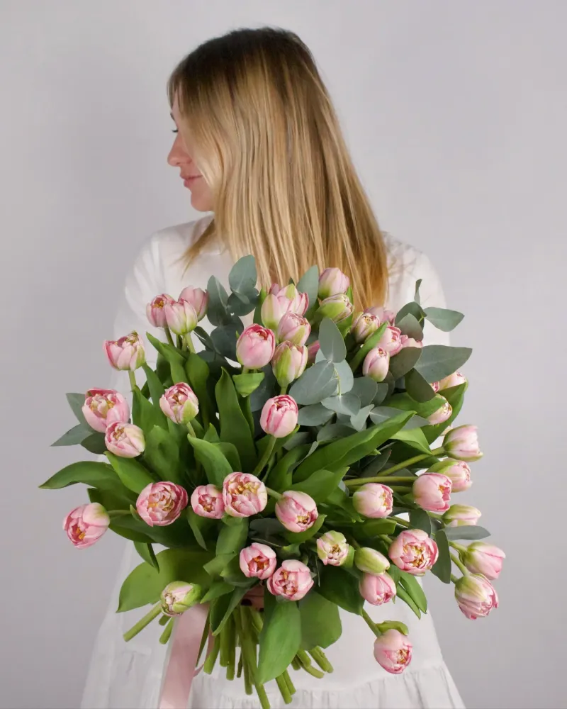 Elegant pink tulip bouquet with eucalyptus