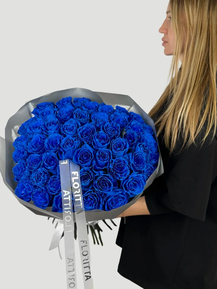 50 royal blue roses in elegant wrap