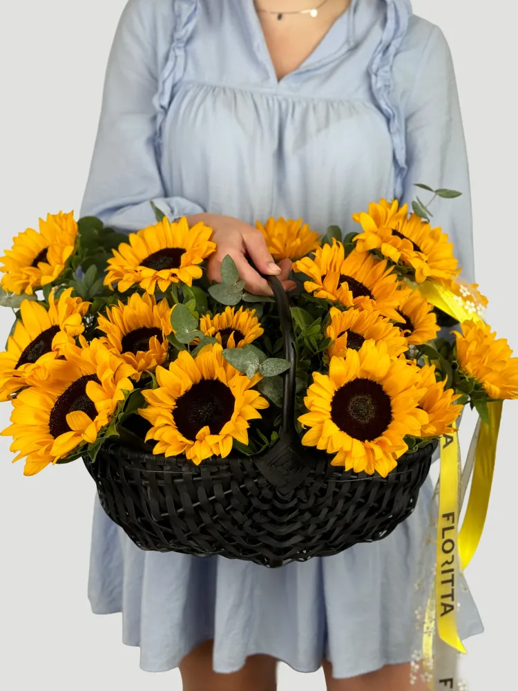 Sunflower basket arrangement with eucalyptus