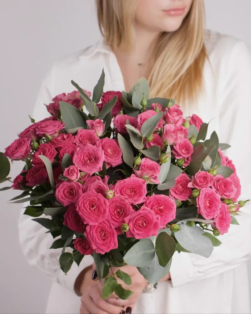 Majestic pink spray roses bouquet with eucalyptus