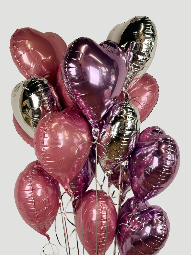 15 pink metallic heart foil balloons (helium inflated)