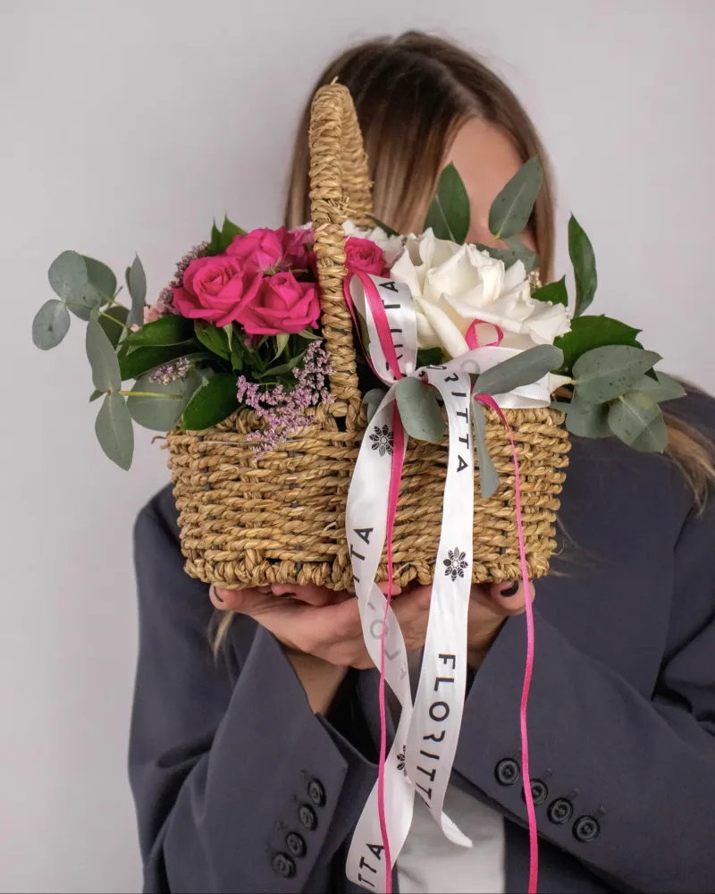 Charming basket of pink and white roses