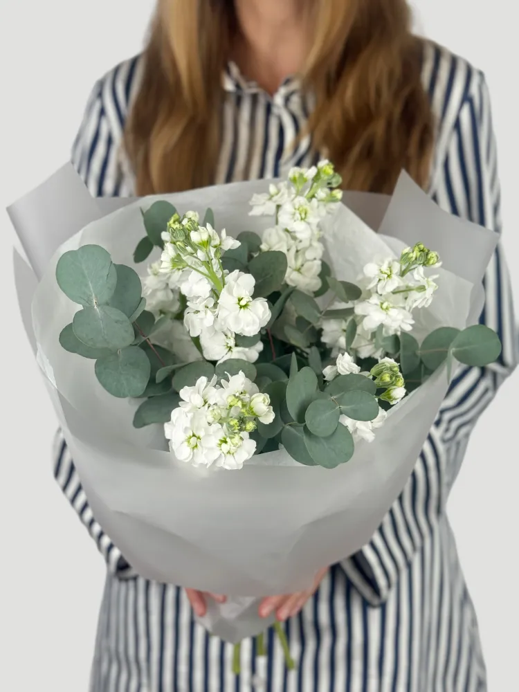 White matthiola & eucalyptus bouquet