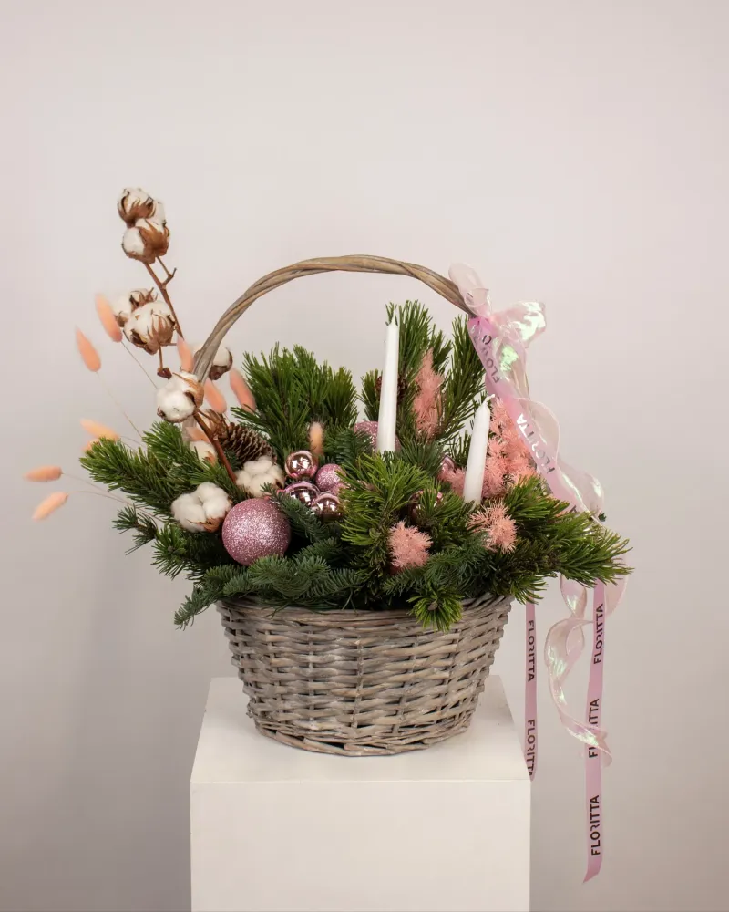 Christmas basket arrangement with Candles and Ornaments