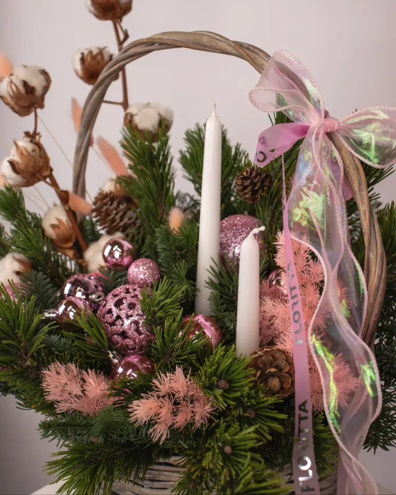 Christmas basket arrangement with Candles and Ornaments