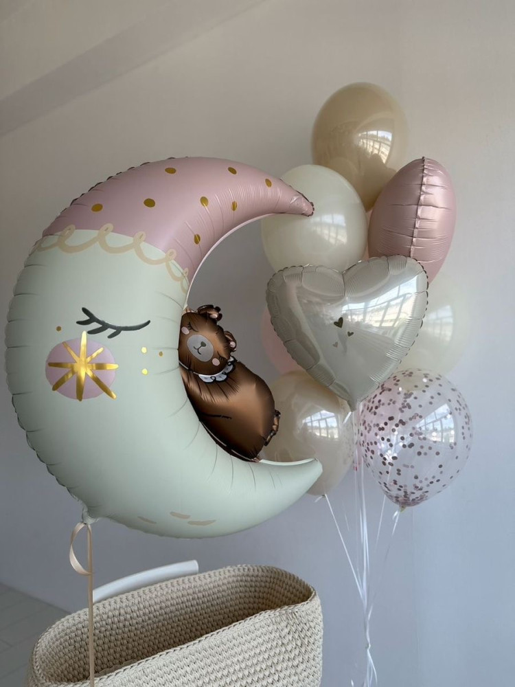 Teddy on the pink moon (9 balloons helium inflated)