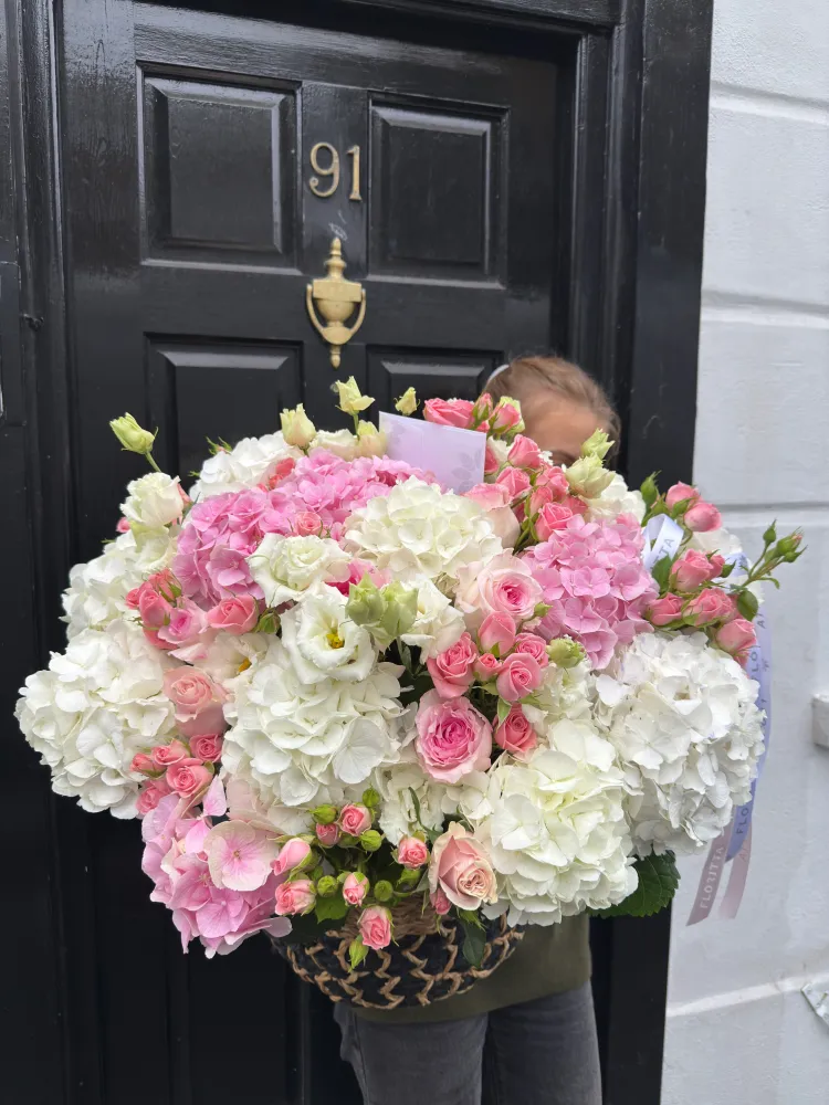 Pastel manor bloom basket (hydrangeas, spray roses & eustomas)
