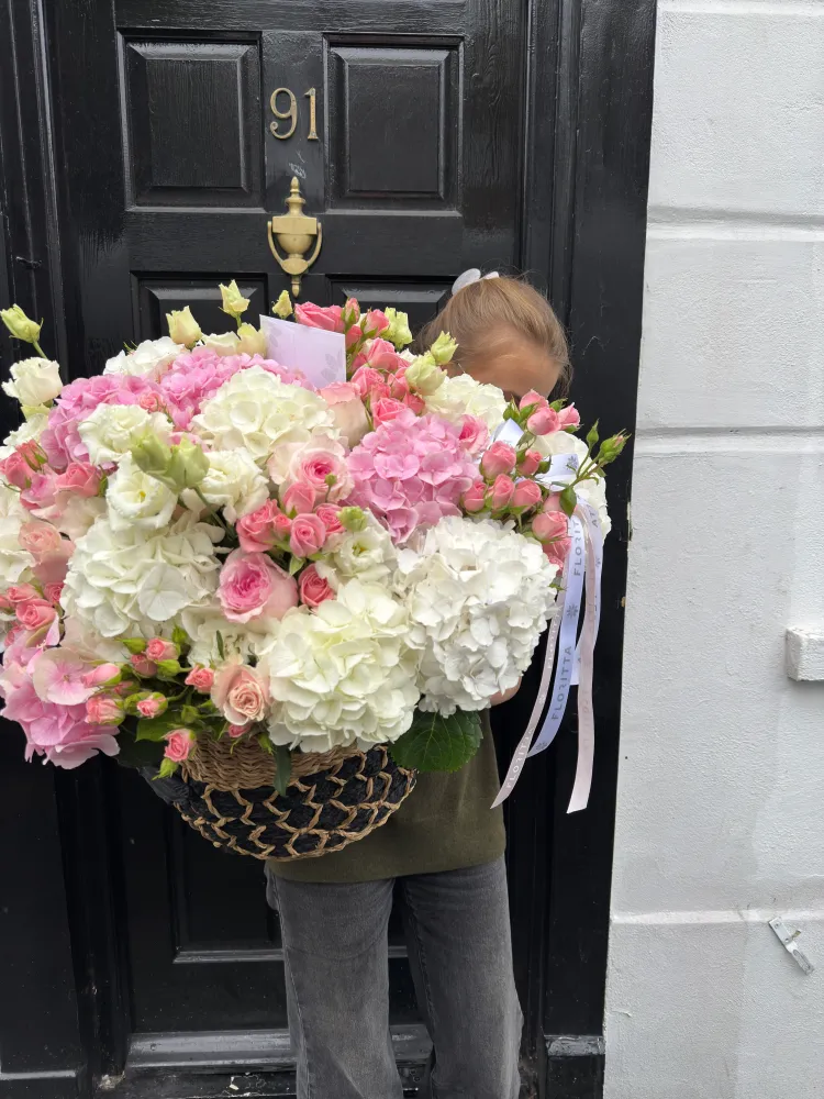 Pastel manor bloom basket (hydrangeas, spray roses & eustomas)
