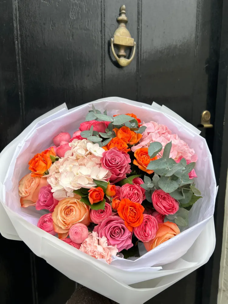 Urban brass petals (hydrangeas, roses & spray roses)