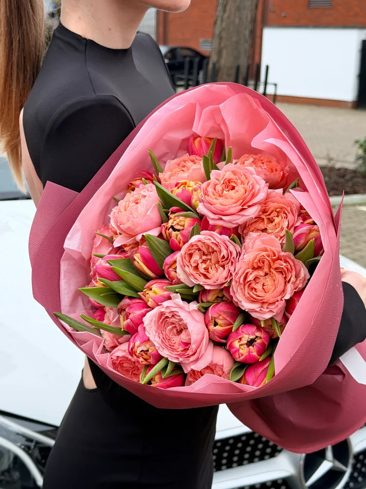 Coral reverie (peony spray roses & tulips)