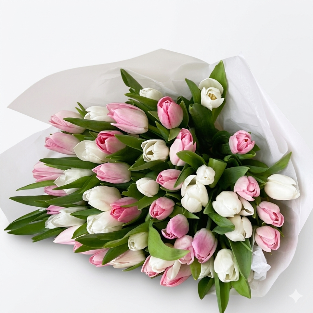 45 white & pink tulips