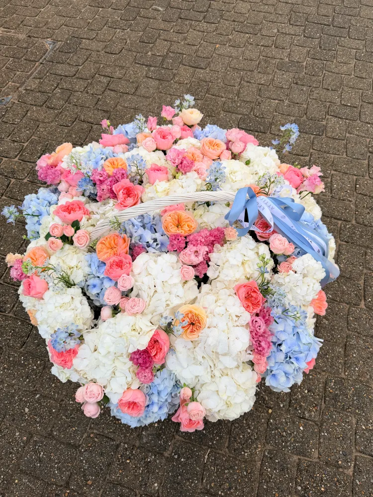 Grand garden vessel basket (hydrangeas & peony roses)