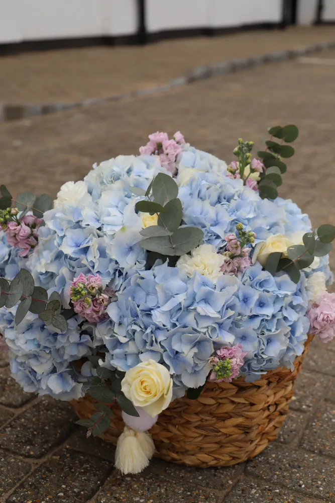 Blue whisper basket (hydrangeas, roses & delphinium)