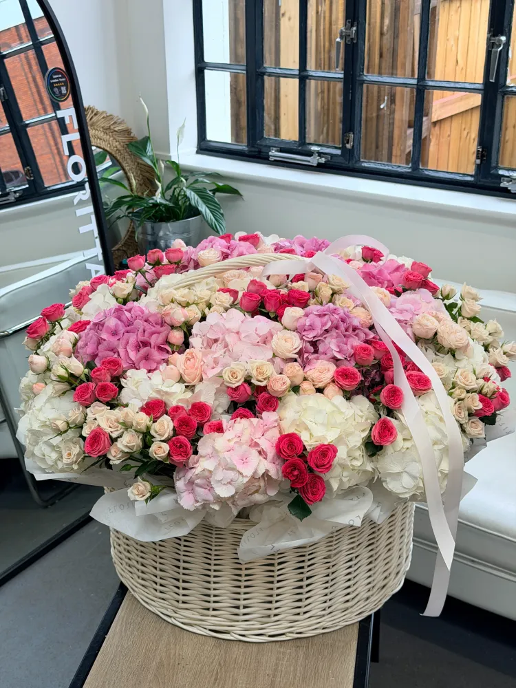 Duchess of kensington basket (hydrangeas & spray roses)