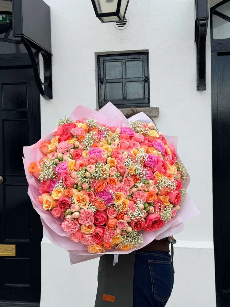 Sunset chelsea posy (rose, spray rose, carnation, gypsophila)