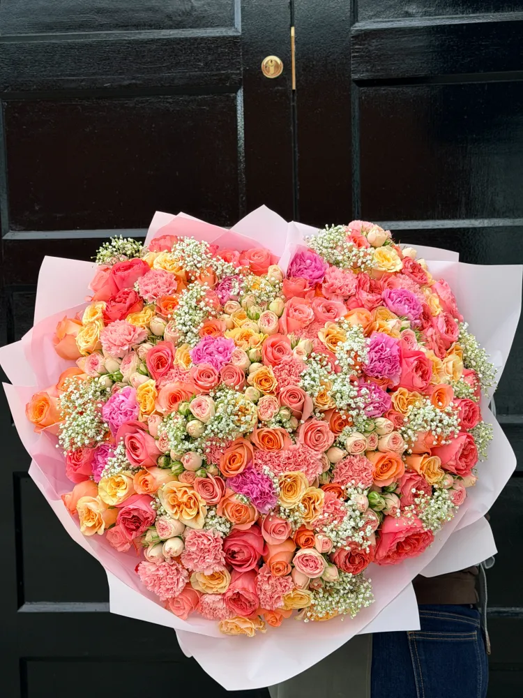 Sunset chelsea posy (rose, spray rose, carnation, gypsophila)