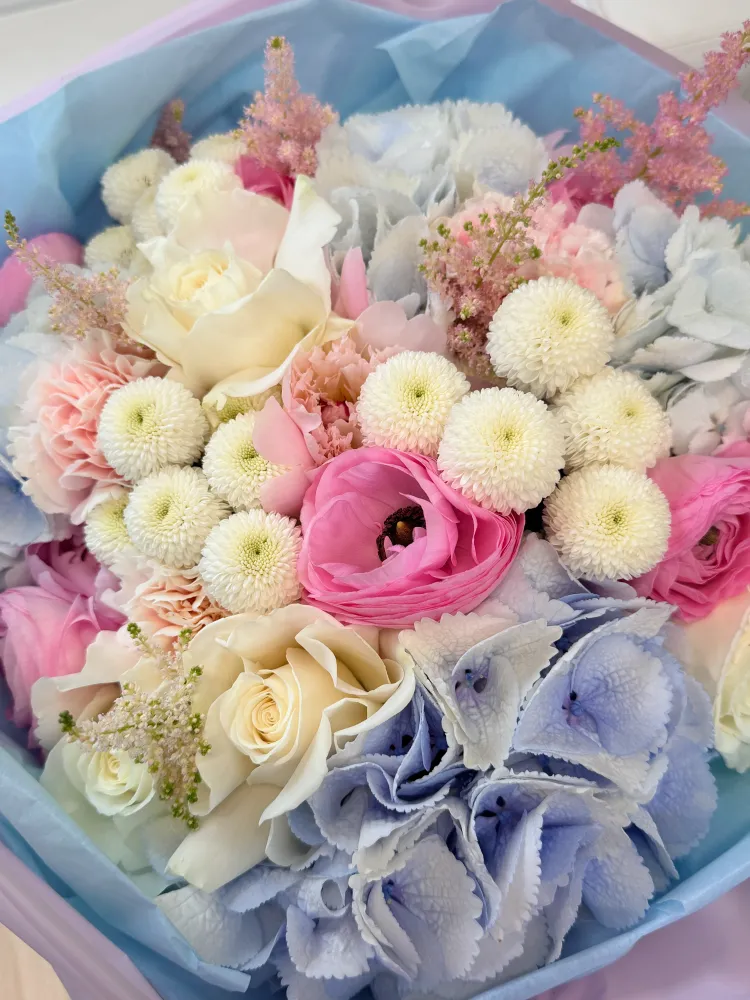 Soft sky serenade (hydrangea, rose, ranunculus, carnation, chrysanthemum, astilbe)
