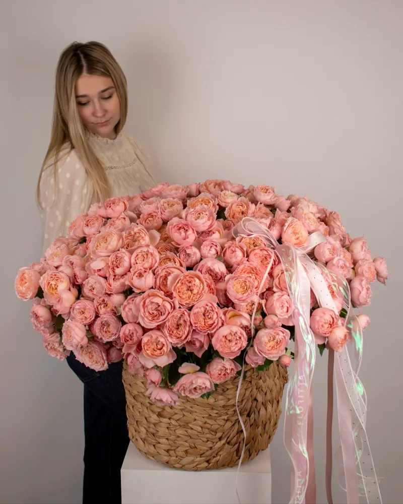 Amour in petals peony spray roses basket