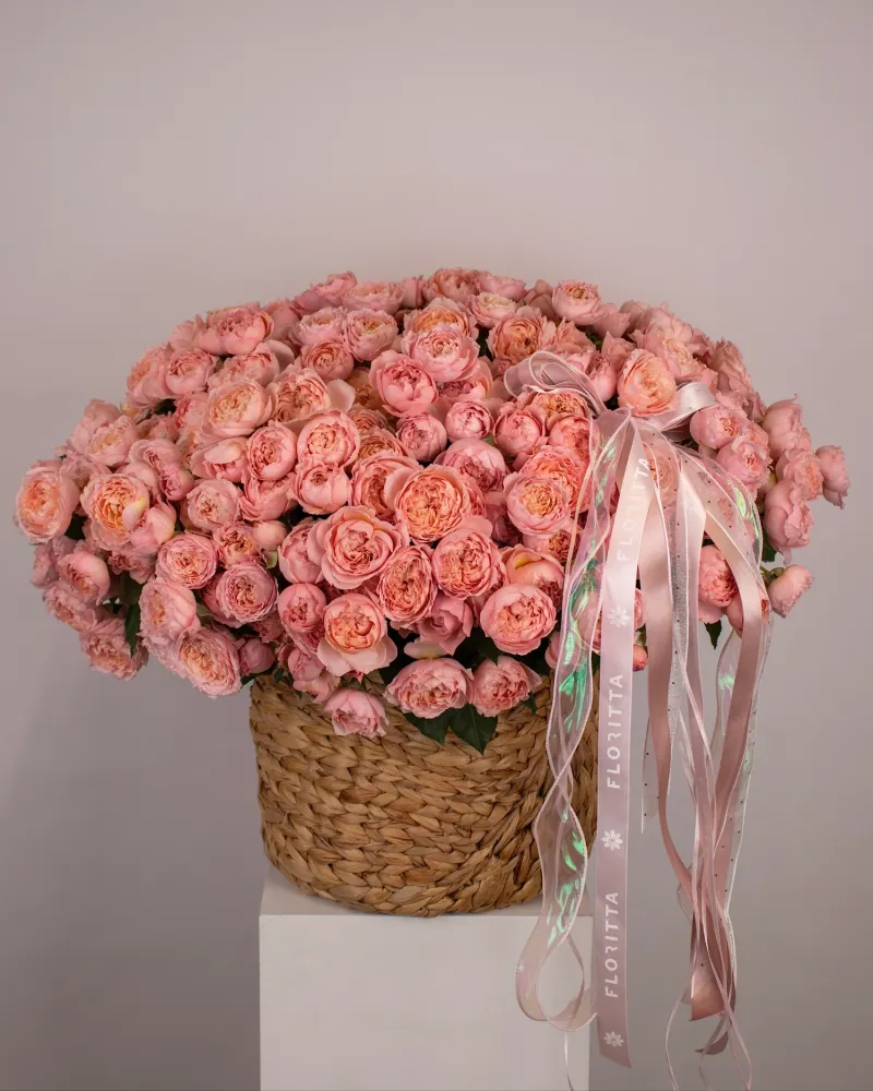 Amour in petals peony spray roses basket