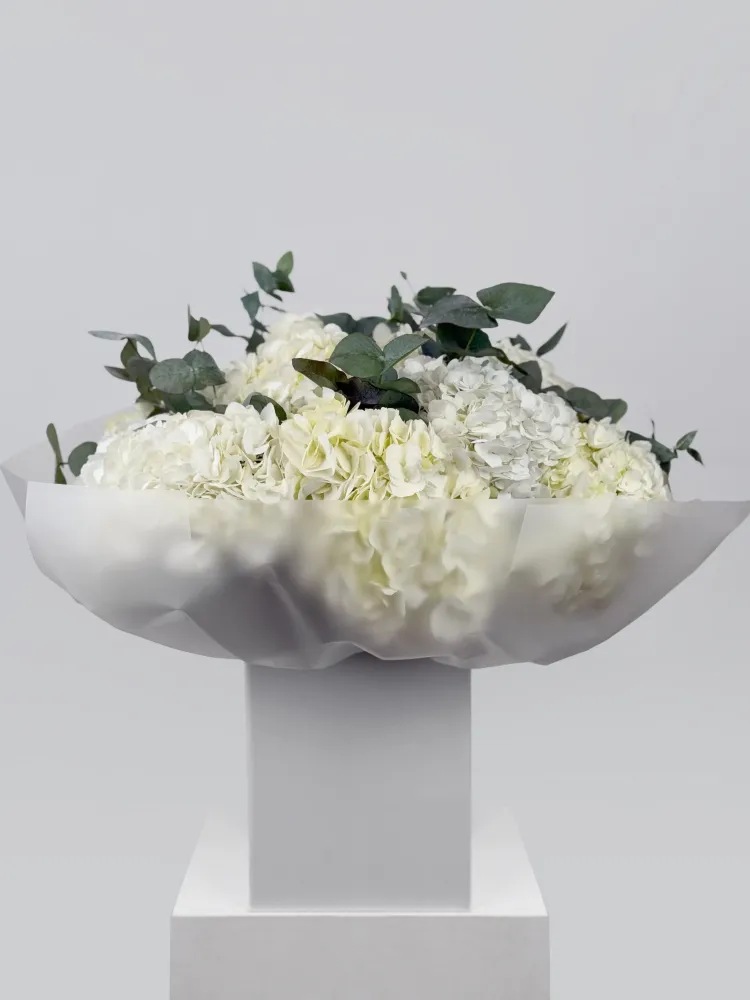 Elegant white hydrangea bouquet with eucalyptus