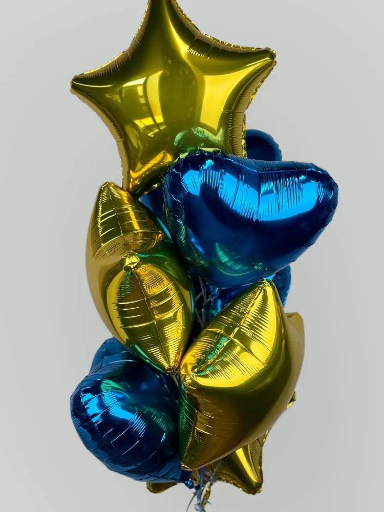 Gold and blue foil (7 balloon helium inflated)