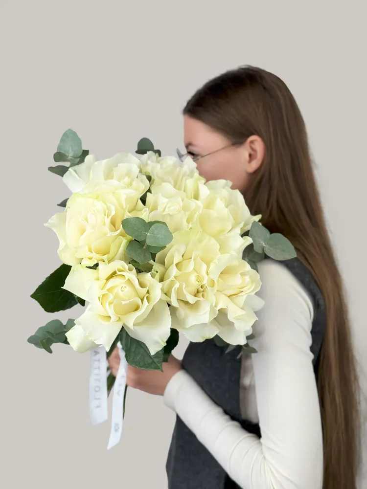 Premium 12 white roses with eucalyptus