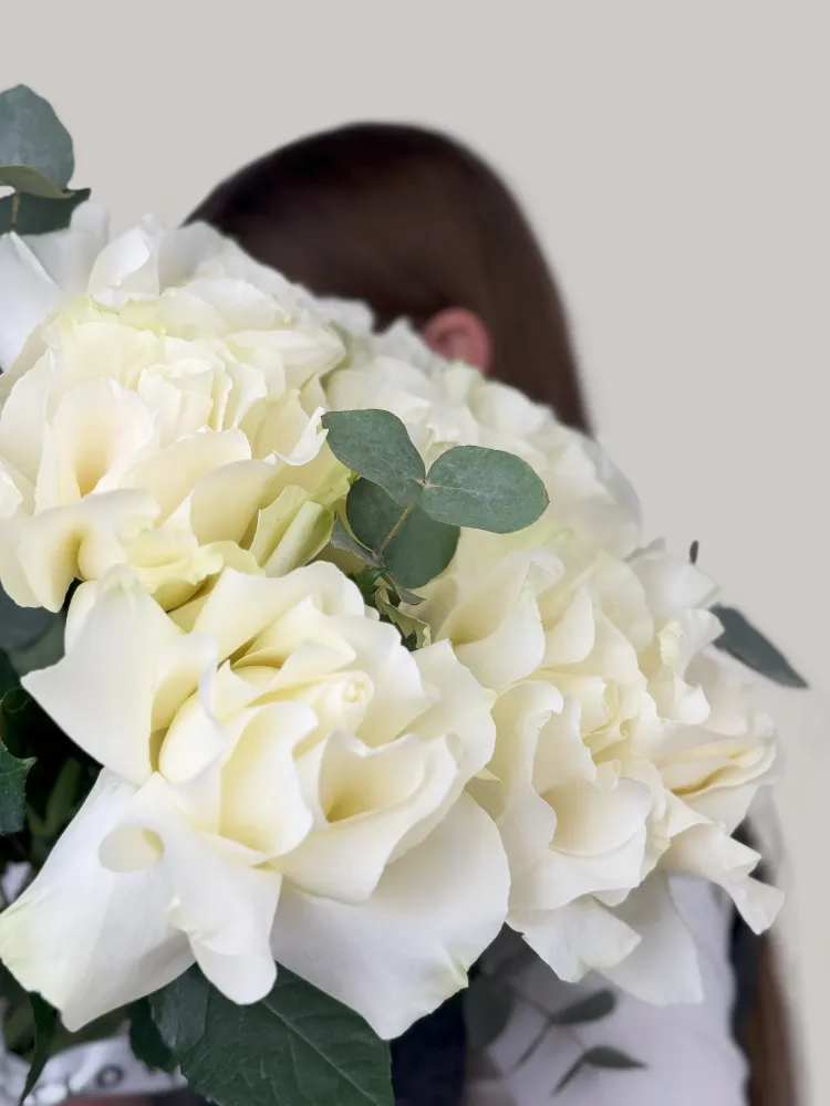 Premium 12 white roses with eucalyptus